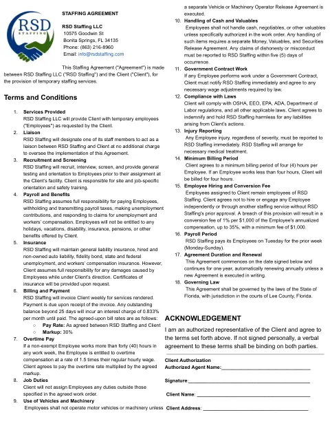 First page preview — Client / Staffing Agreement (blank)
