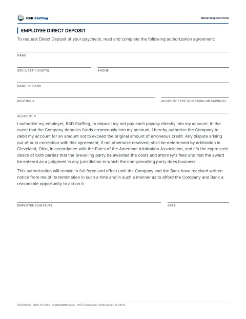 First page preview — Direct Deposit Form