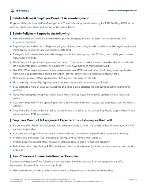 First page preview — Handbook Acknowledgement Form