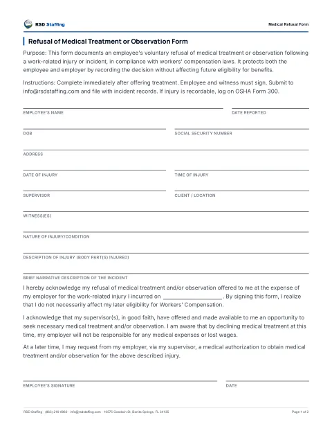 First page preview — Medical Refusal Form