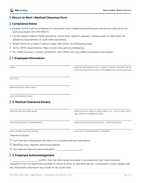 First page preview — Return-to-Work / Medical Clearance