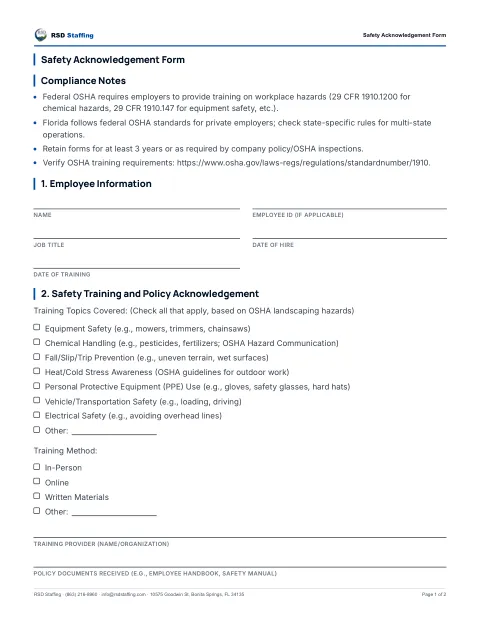 First page preview — Safety Acknowledgement Form